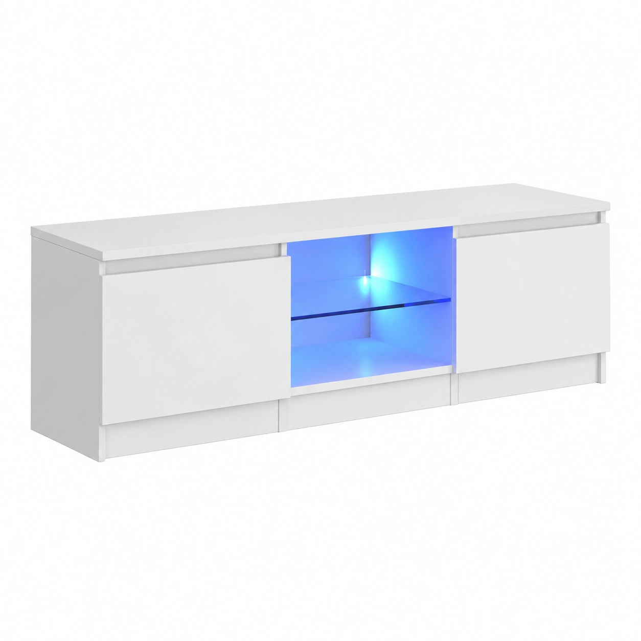 Meuble TV, en verre trempé, avec rangement, avec éclairage LED, coloris blanc, pour le salon