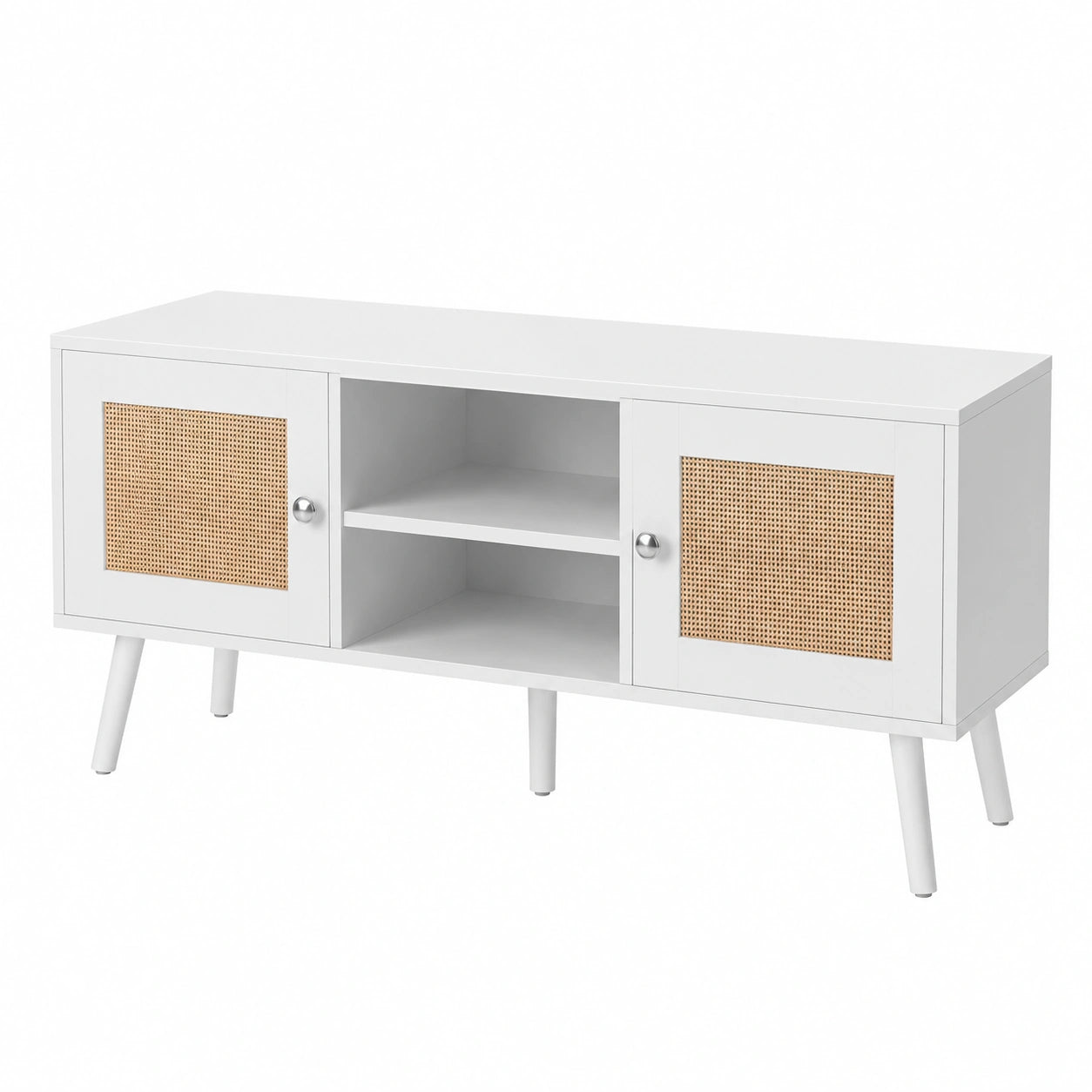 Meuble TV, en résine tressée, réglable, avec étagères, coloris blanc, pour le salon