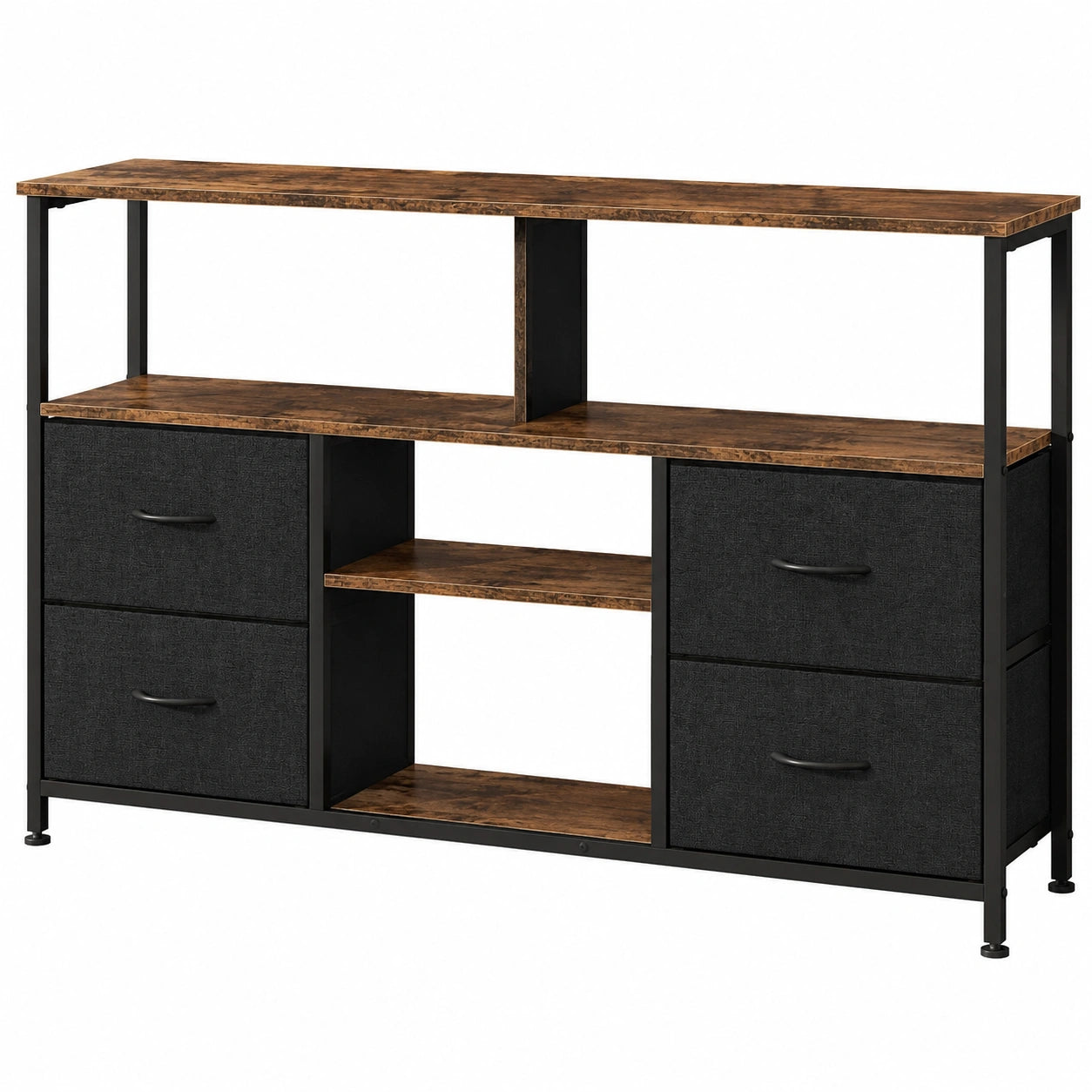 Meuble TV, réglable, avec tiroirs, avec étagères, en métal et tissu, coloris noir et marron, pour le salon