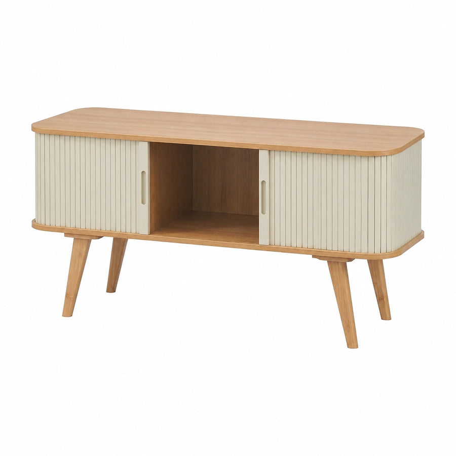 Meuble TV, avec rangement, avec portes coulissantes, en bambou et panneaux de bois, coloris blanc et crème, 120 x 40 x 58 cm, pour le salon