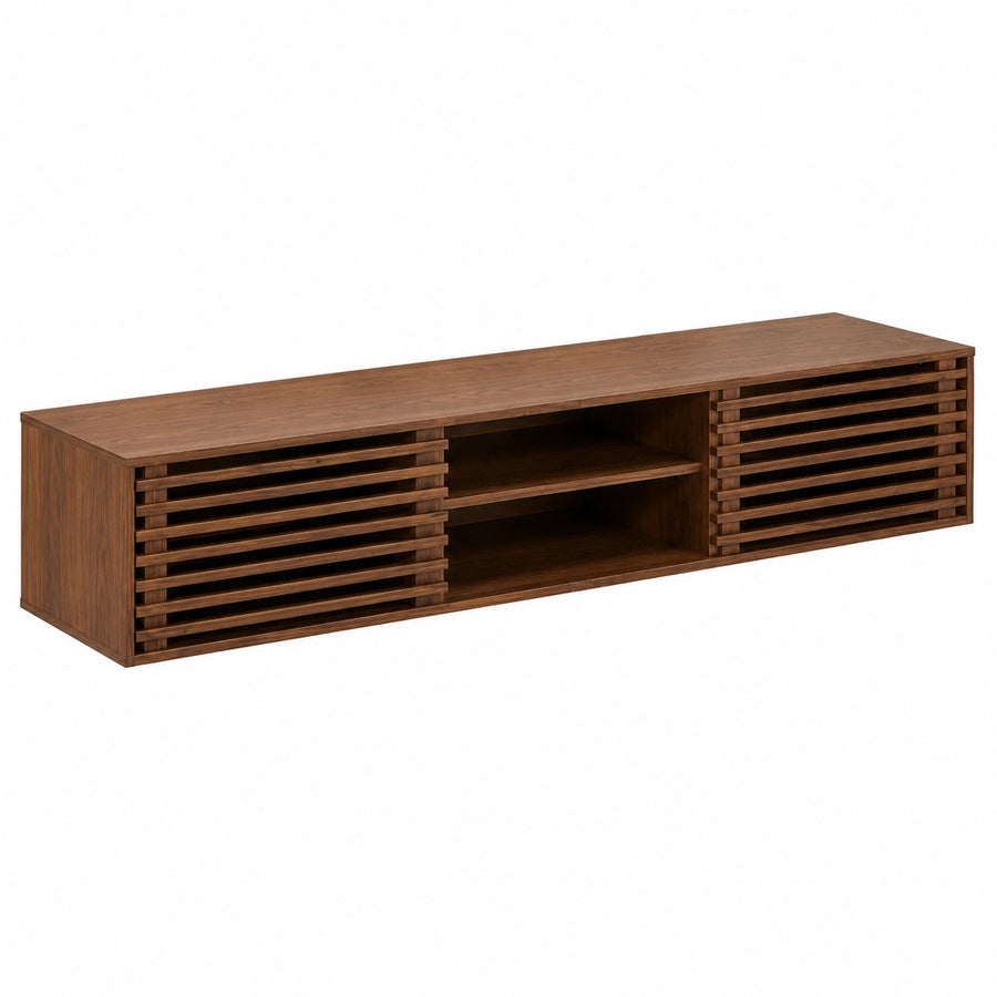 Meuble TV, avec rangement, avec étagères, avec portes coulissantes, en bois massif, pour le salon